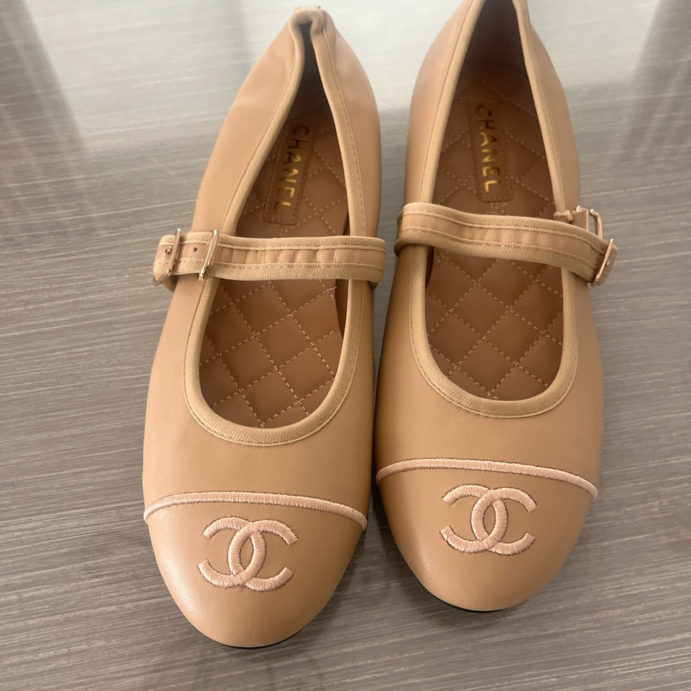 Nude Beige Mary Jane Flats with Stitched Logo